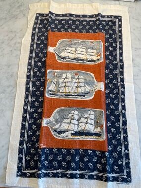 Vintage Linen Ship in a Bottle Towel